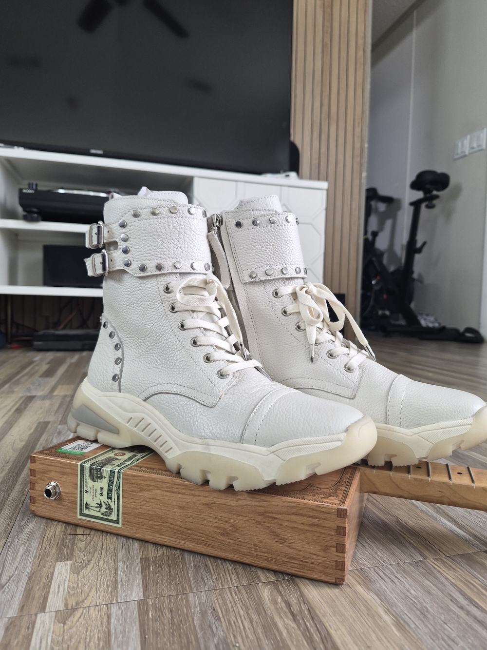 Sam Edelman White Studded Lace-Up Combat Boots